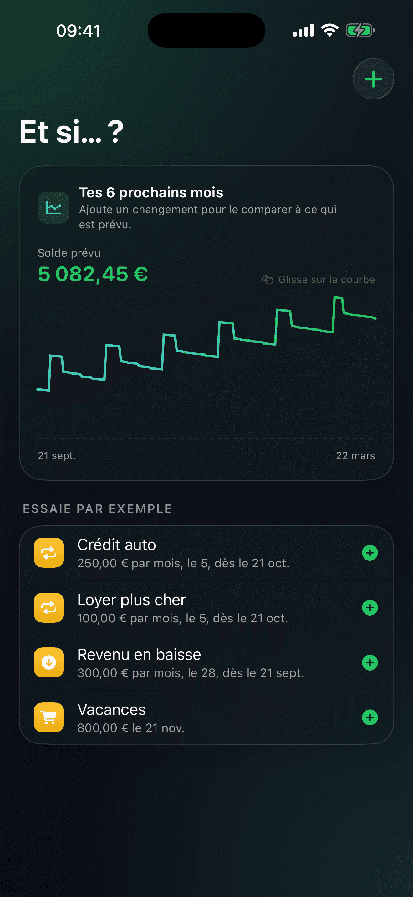 Écran Et si… ? de LIMIA : solde prévu sur les 6 prochains mois et exemples de changements à simuler (crédit auto, loyer plus cher, revenu en baisse, vacances)