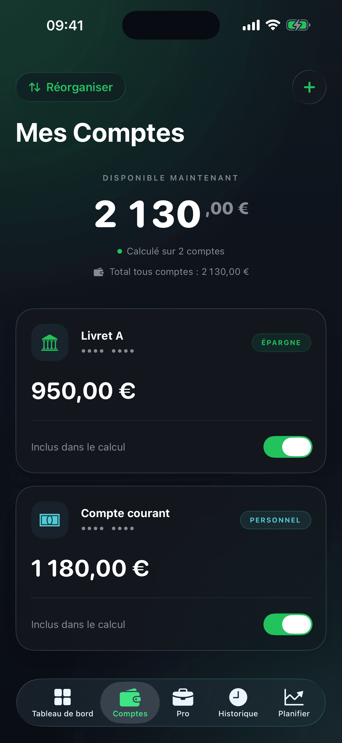 Écran Mes comptes de LIMIA : Livret A et compte courant, chacun inclus dans le calcul du disponible de 2 130 €