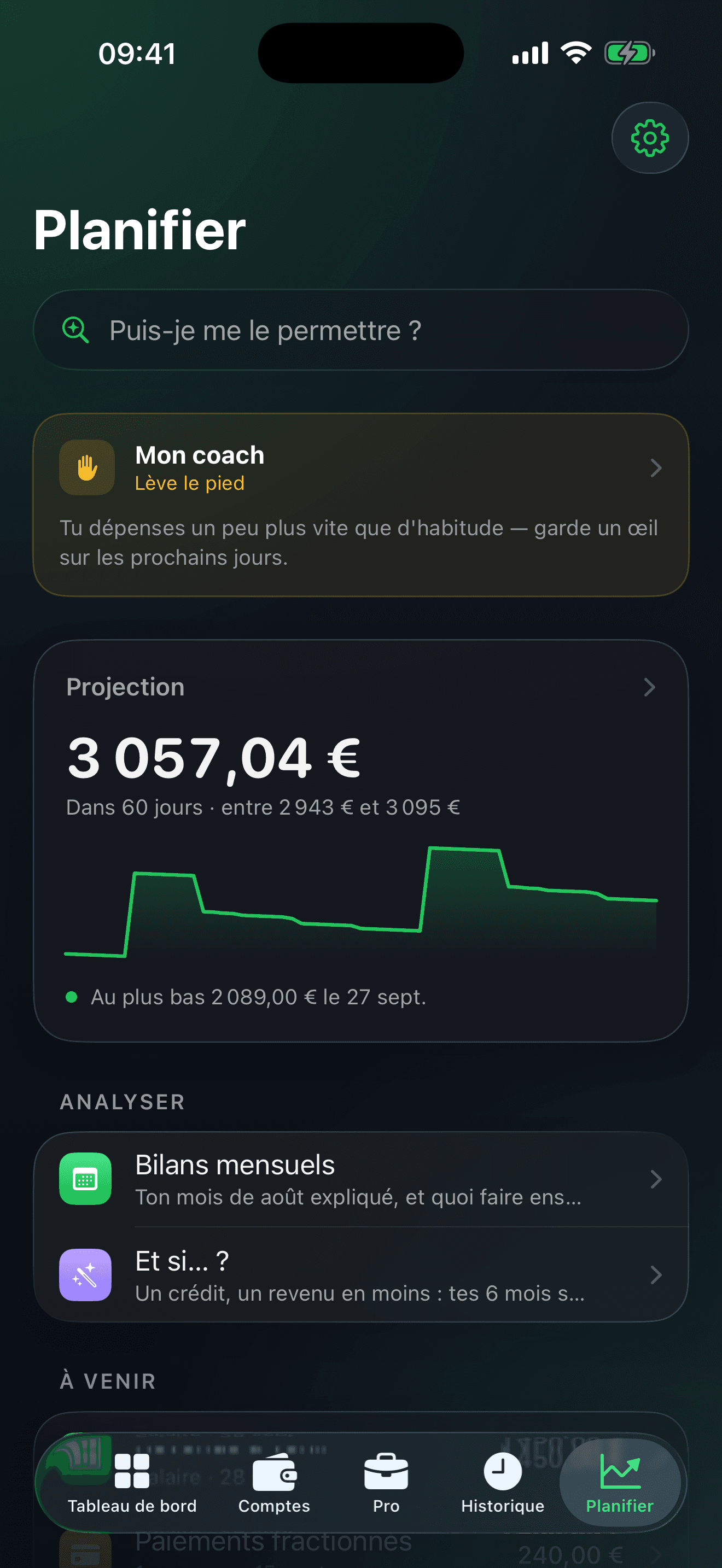 Écran Planifier de LIMIA : message du coach « Lève le pied », projection à 60 jours, bilans mensuels et Et si… ?