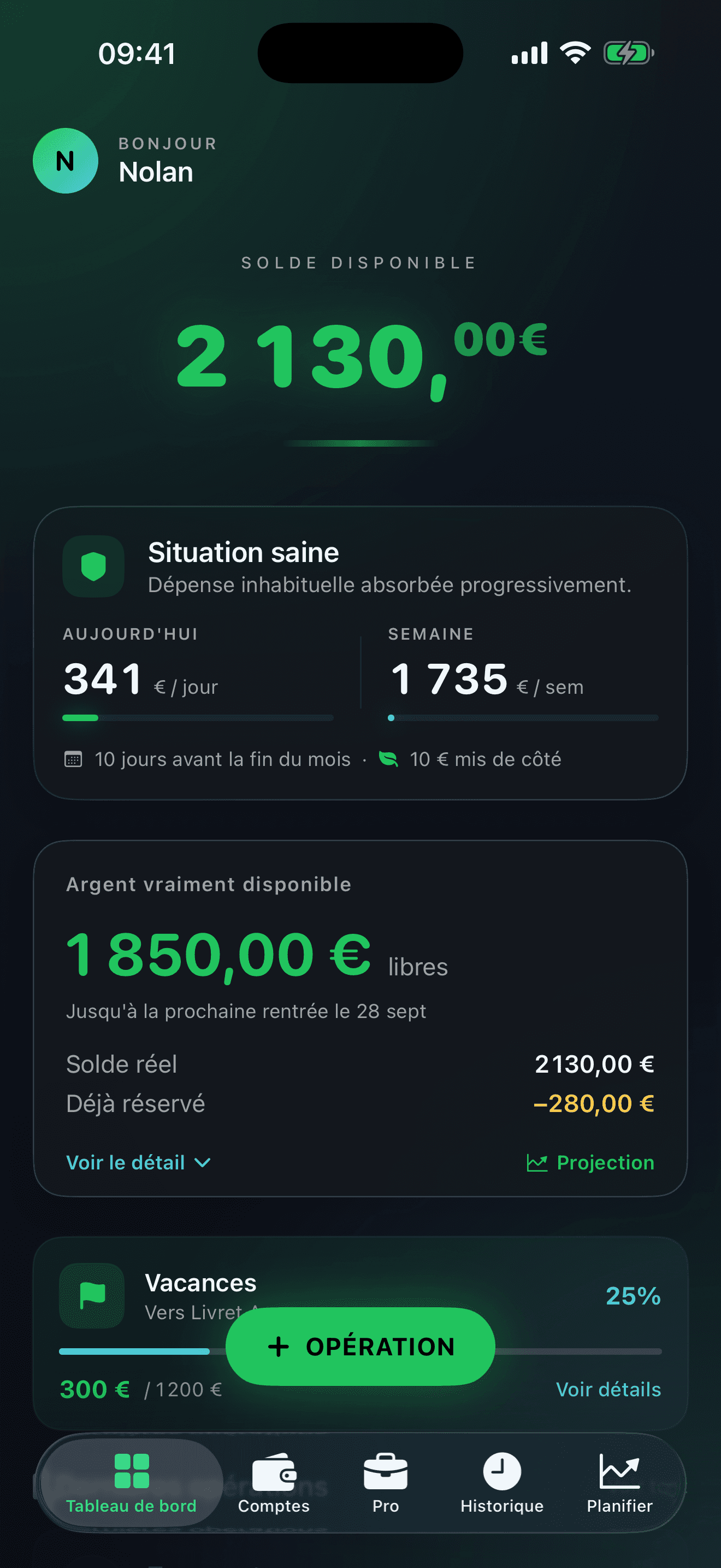 Écran Tableau de bord de LIMIA : solde disponible de 2 130 €, 341 € à dépenser aujourd'hui et 1 850 € vraiment disponibles jusqu'à la prochaine rentrée